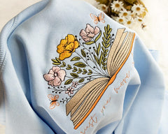 Floral Book Embroidered Sweatshirt: Cotton Crew Neck