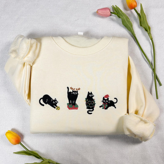 Christmas Black Cat Embroidered Sweatshirt Fleece-Lined | Christmas Embroidered Hoodie | Crew Neck Fleece-Lined Sweatshirt