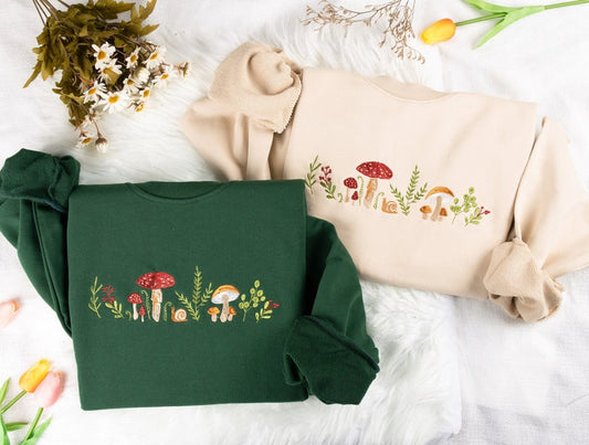 Mushrooms Embroidered Sweatshirt | Mushrooms Embroidered T-shirt | Mushrooms Embroidered Hoodie | Mushrooms Sweater | Crew Neck Sweatshirt