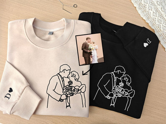 Custom Embroidered Portrait from Photo Sweatshirt,Outline Photo Sweatshirt,Couple Hoodie,Anniversary Gift,Valentine's Day gift