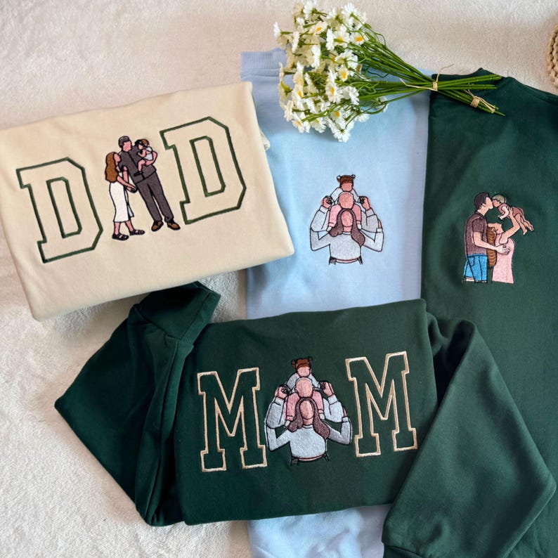 Custom Photo Embroidery Sweatshirt: Varsity Mom Dad Portrait, Cotton Unisex