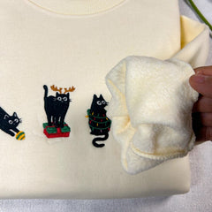 Christmas Black Cat Embroidered Sweatshirt Fleece-Lined | Christmas Embroidered Hoodie | Crew Neck Fleece-Lined Sweatshirt