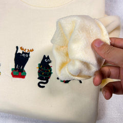 Christmas Black Cat Embroidered Sweatshirt Fleece-Lined | Christmas Embroidered Hoodie | Crew Neck Fleece-Lined Sweatshirt